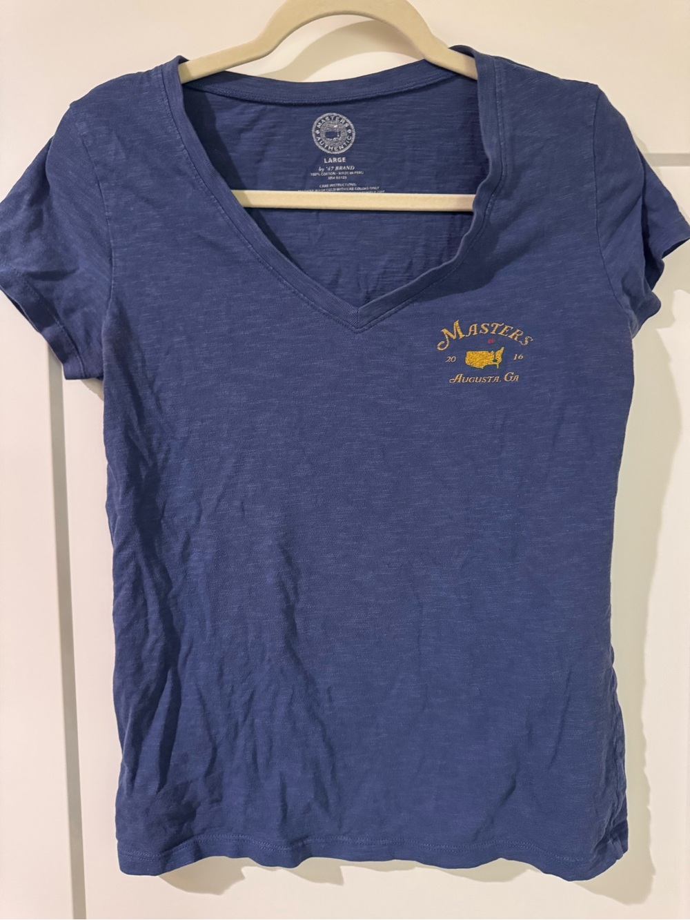 Women's Blue V-Neck Masters Augusta Tee with Gold Logo by 47 Brand